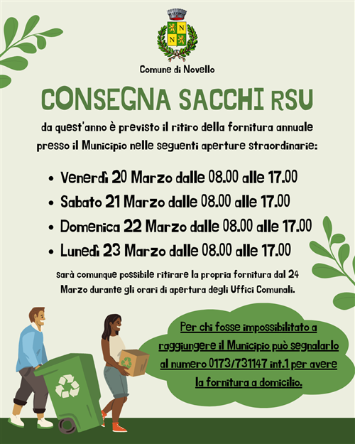 Distribuzione sacchetti per raccolta rifiuti RSU e plastica